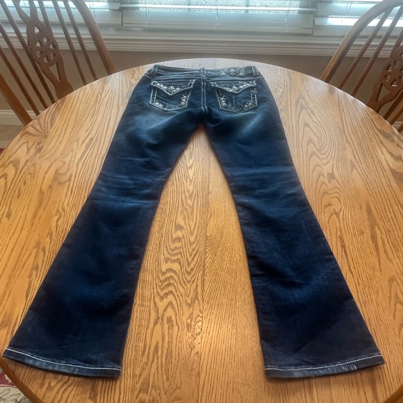 MISS ME Mid-Rise Boot Cut Embellished Jeans Whiskered Dark Wash Size 28 - Picture 3 of 12